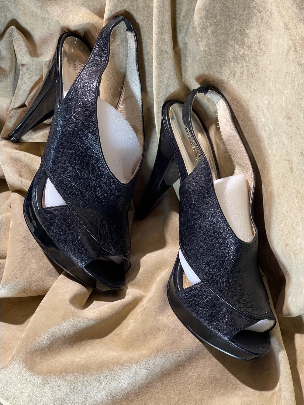 Michael Kors Black Leather Peep-Toe Slingback Heels